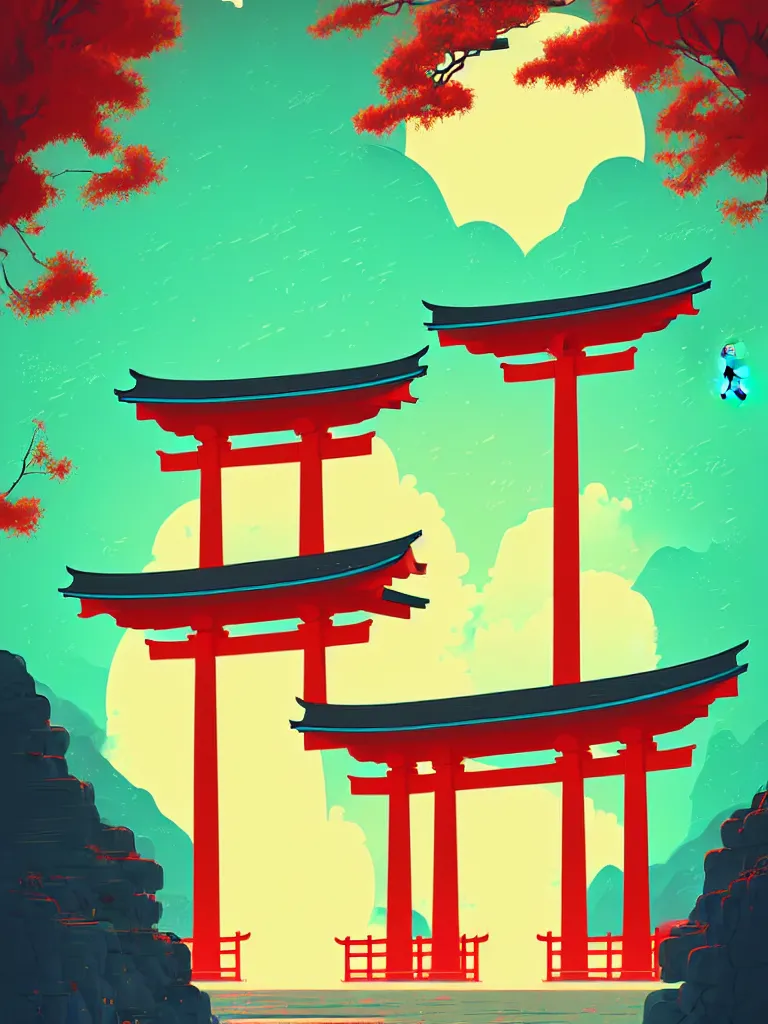 Prompt: a travel poster illustration depicting a japanese torii gate, vintage style, detailed illustration, digital painting, vector art, trending on artstration, by anton fadeev, by alena aenami