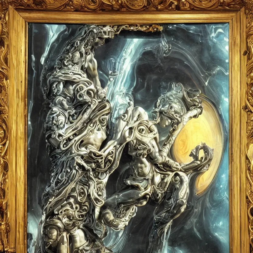 Prompt: an ornate marble statue of a futuristic alien reaching through a framed painting, pulp sci - fi art for omni magazine. high contrast. baroque period, oil on canvas. renaissance masterpiece