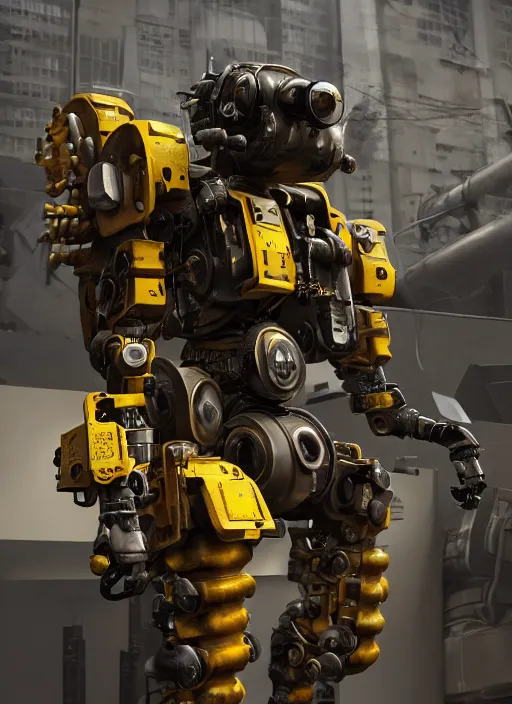 Image similar to a photorealistic dramatic hyperrealistic render of a futuristic exosuit power loader heavy machinery, ultra realistic details, glossy yellow, well worn, rust, oil stains by vitaly bulgarov and mike nash, beautiful dramatic dark moody tones and lighting, cinematic atmosphere, studio lighting, global illumination, shadows, dark background, octane render, 8 k