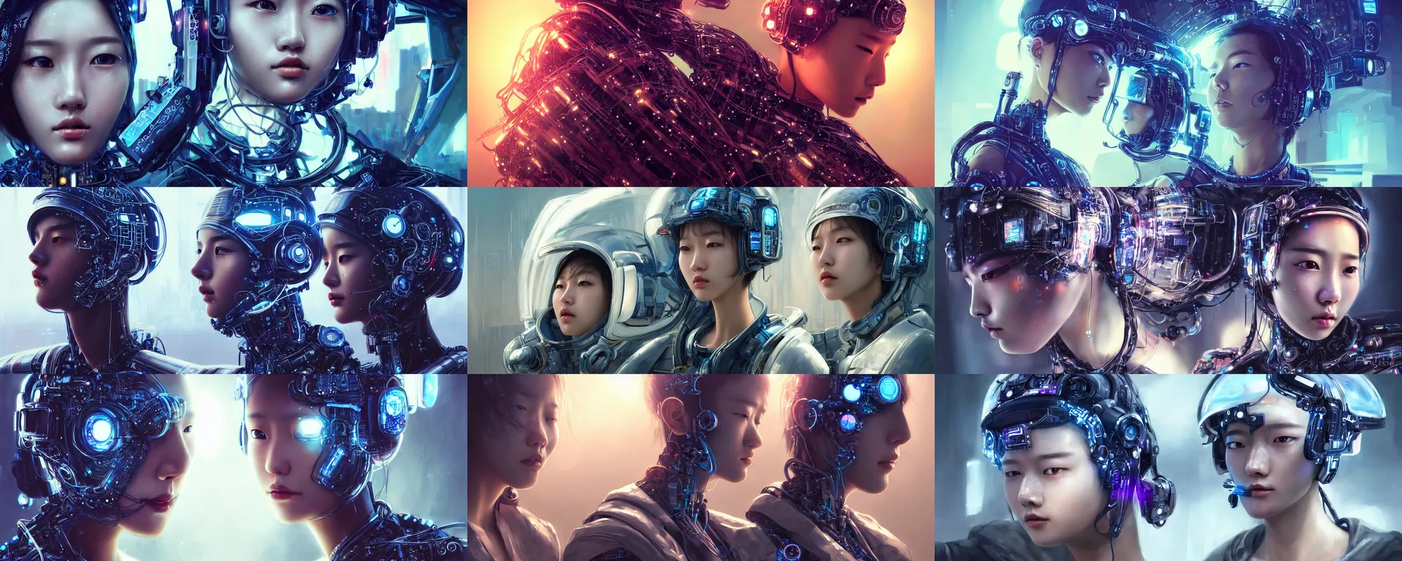 Prompt: ultra realistic beautiful cyberpunk south korean deep space station techno art, beautiful alluring teen, gorgeous face and figure, cybernetic head gear, coherent dynamic composition, art by calum alexander watt, wlop, james gurney, intricate, elegant, highly detailed, digital art, artstation, concept art, smooth, sharp focus, illustration, beautiful sunlight and shadows