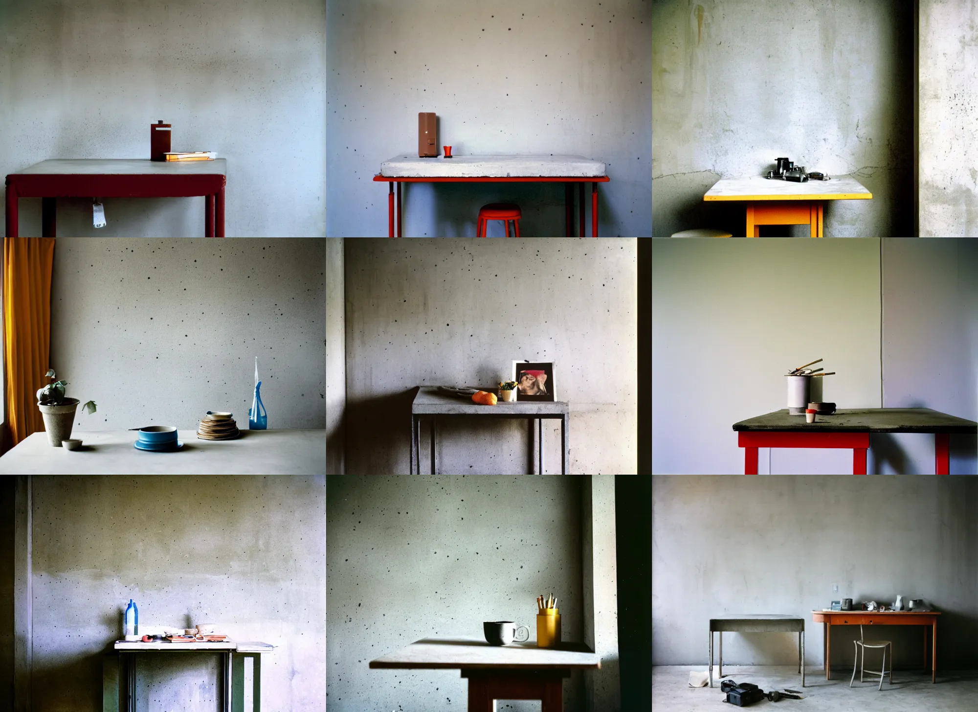 Prompt: kodak portra 4 0 0, 8 k, highly detailed, britt marling style, award winning colour still - life portrait of a large minimalistic room with rough concrete walls, a picasso painting, a square wall picture is leaning on the wall, a 1 9 5 0 s table, a 1 9 5 0 s table