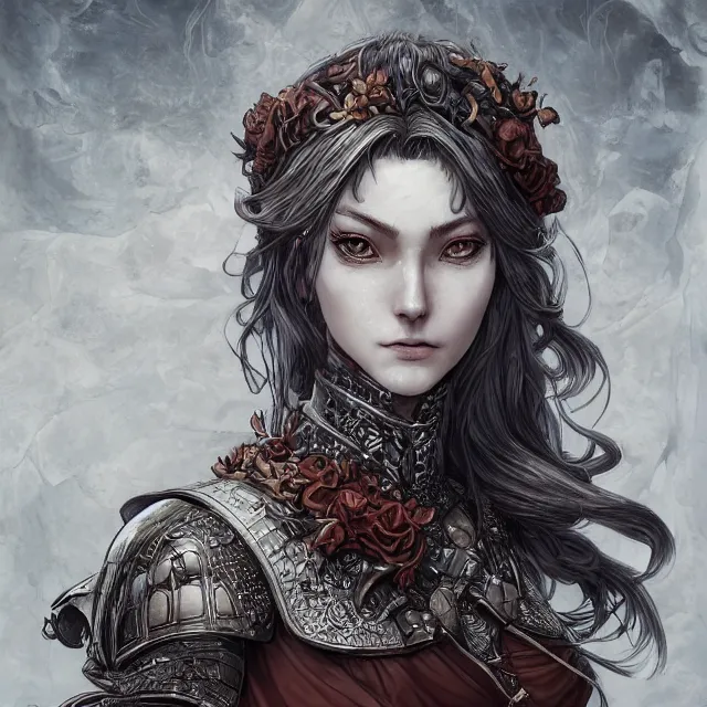 Image similar to the portrait of neutral evil fallen female knight vagabond as absurdly beautiful, gorgeous, elegant, sophisticated, woman, an ultrafine hyperdetailed illustration by kim jung gi, irakli nadar, intricate linework, bright colors, octopath traveler, final fantasy, unreal engine 5 highly rendered, global illumination, radiant light, detailed and intricate environment