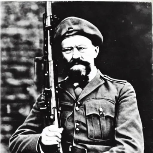 Image similar to old wartime photograph of dumbledore holding a lewis gun, 1 9 1 7