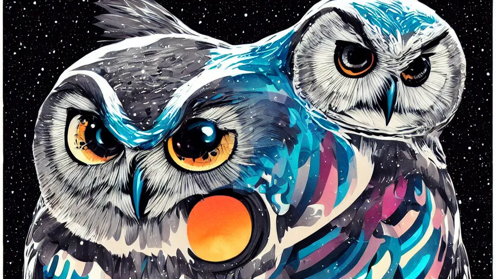 Image similar to very detailed, ilya kuvshinov, mcbess, rutkowski, watercolor illustration of owl flying at night, colorful, deep shadows, astrophotography, highly detailed, wide shot