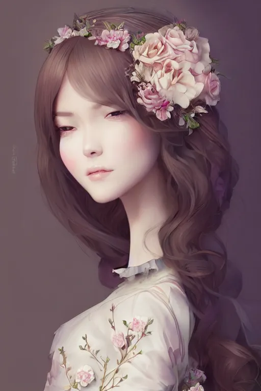 Image similar to romantic and fashion and love princess of the flower with sheath dress, 8 k realistic, teenager girl, baroque, symmetrical, flowing hair, smile, trending pinterest and pixiv, muted colors, hyperrealistic, l close up shot, character concept art, face by kyoung hwan kim, alexandra fomina, ilya kuvshinov