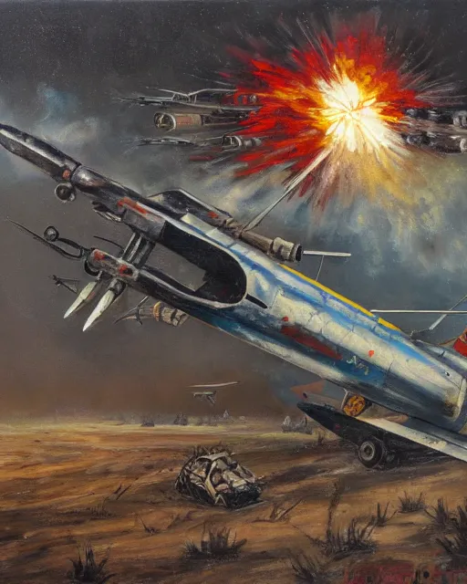 Image similar to sukhoi mech armed with rockets and a minigun, oil painting, soviet ( ( ( airplane ) ) ), tribal yurta, postapocalyptic, sharp focus