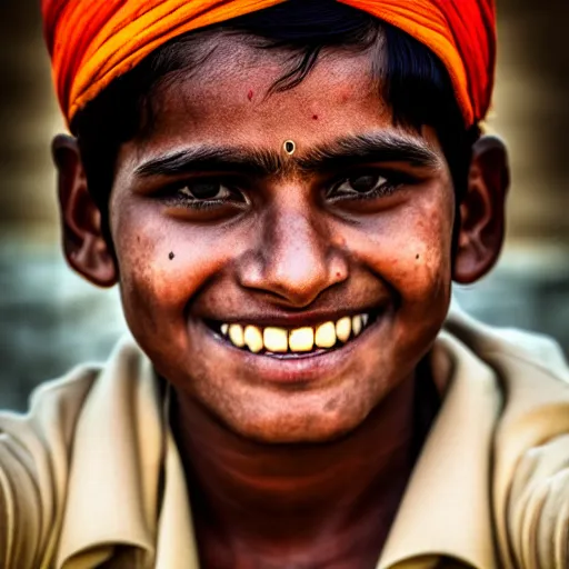 Image similar to a dramatic photograph of worker from india, beautiful smile, cinematic lighting