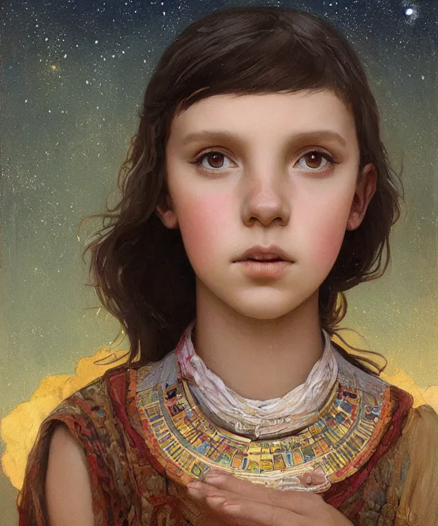 Image similar to a beautiful painting of a girl resembling millie bobby brown at the lantern festival in a an ancient egyptian town, at night with a sky full of stars, intricate, elegant, highly detailed, digital painting, artstation, concept art, by krenz cushart and artem demura and alphonse mucha