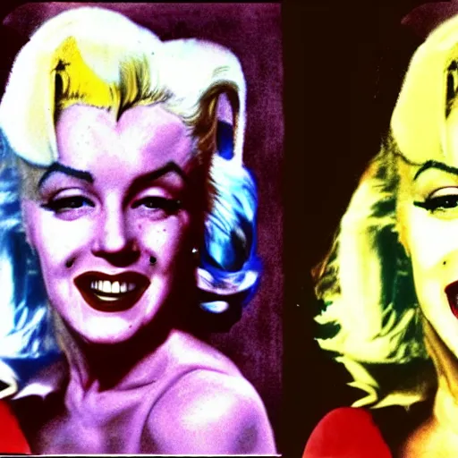 Prompt: A high resolution color photograph of Marilyn Monroe portraying Harley Quinn