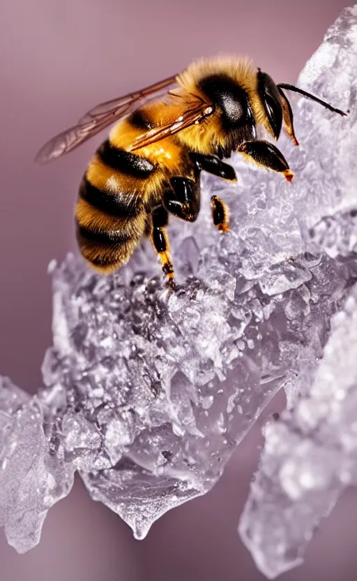 Image similar to the last bee entrapped under a sheet of ice, beautiful macro photography, cold ambient light