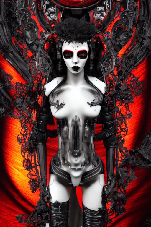 Prompt: full-body cyberpunk style sculpture of a young beautiful dark priestess, half android with a head opening exposing circuitry, glowing red eyes, black roses, flowing blood red colored silk, fabric, candles. baroque elements, human skull. full-length view. baroque element. intricate artwork by caravaggio. crows flying in background. Trending on artstation. octane render. cinematic lighting from the right, hyper realism, octane render, 8k, depth of field, 3D