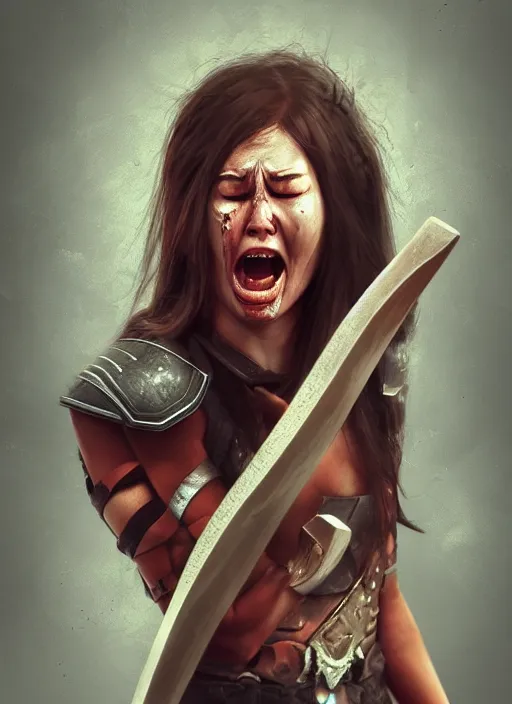 Image similar to woman warrior crying with angry striking her axe, trending on artstation