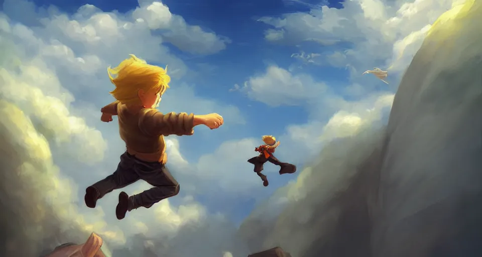 Image similar to a young blonde boy fantasy thief flying through the clouds, andreas rocha style