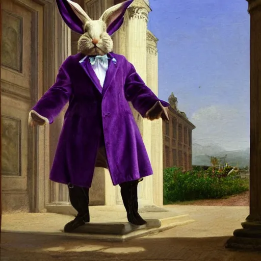 Image similar to a rabbit in a purple smoking jacket stands outside a palace, photorealism