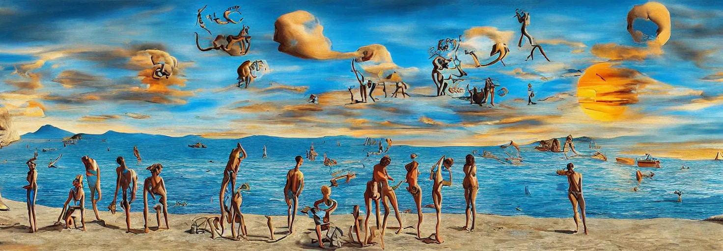 Image similar to People in beach by Salvador Dali and Bob Ross collaboration, mural, sun set, digital art, high details