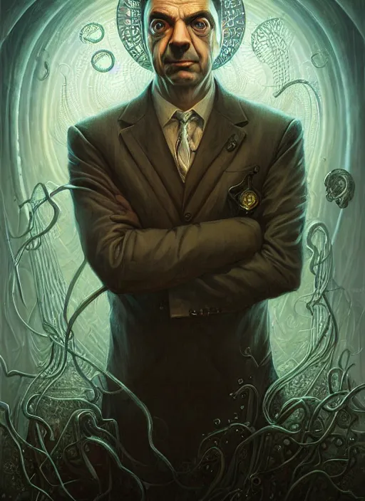 Prompt: lovecraft biopunk portrait of rowan sebastian atkinson, fractal background, by tomasz alen kopera and peter mohrbacher