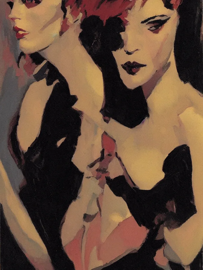 Image similar to portrait profile of one mysterious dark beautiful women in 1 9 7 8, femme fatale, oil painting by john watkiss