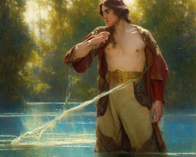 Prompt: attractive male wizard casting water spell in a beautiful lake. highly detailed painting by gaston bussiere, craig mullins, j. c. leyendecker 8 k