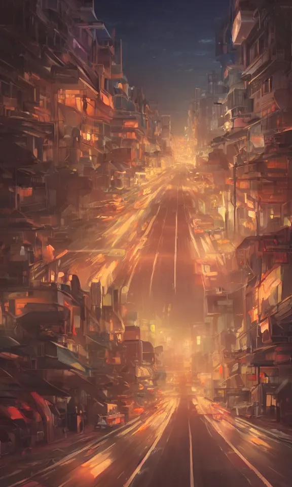 Prompt: zoomed in road at night, rossdraws, Logan Cure, Mingchen Shen, BangkuART, sakimichan, yan gisuka, JeonSeok Lee, zeronis, Chengwei Pan on artstation