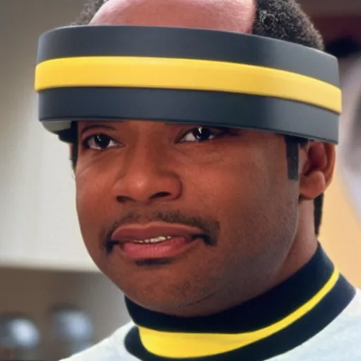 Prompt: Geordi La Forge wearing visor and a colander and random kitchen tools on his head