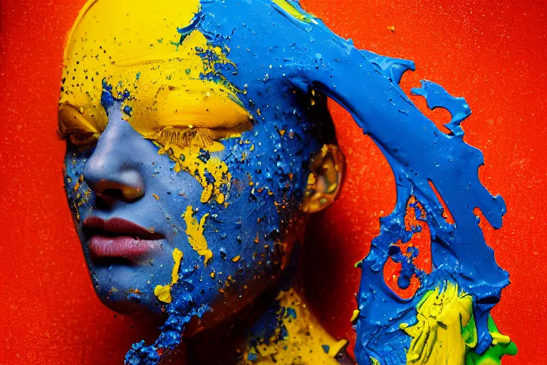 Prompt: a highly detailed cinematic headshot portrait photograph of a paint splash forming a human face, with blue and orange and yellow paint splash, liquid, ultra realistic, beautiful rim lighting, by richard avedon and annie leibovitz and arnold newman, photorealistic, hyperrealistic, octane, hasselblad camera, zeiss lens, sharp focus, melting paint