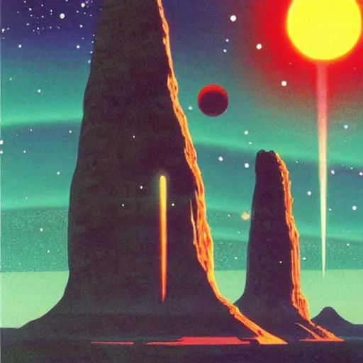 Prompt: a beautiful painting of a large alien shrine shrouded by mystic nebula magic in an asteroid field by hiroshi nagai and vincent di fate