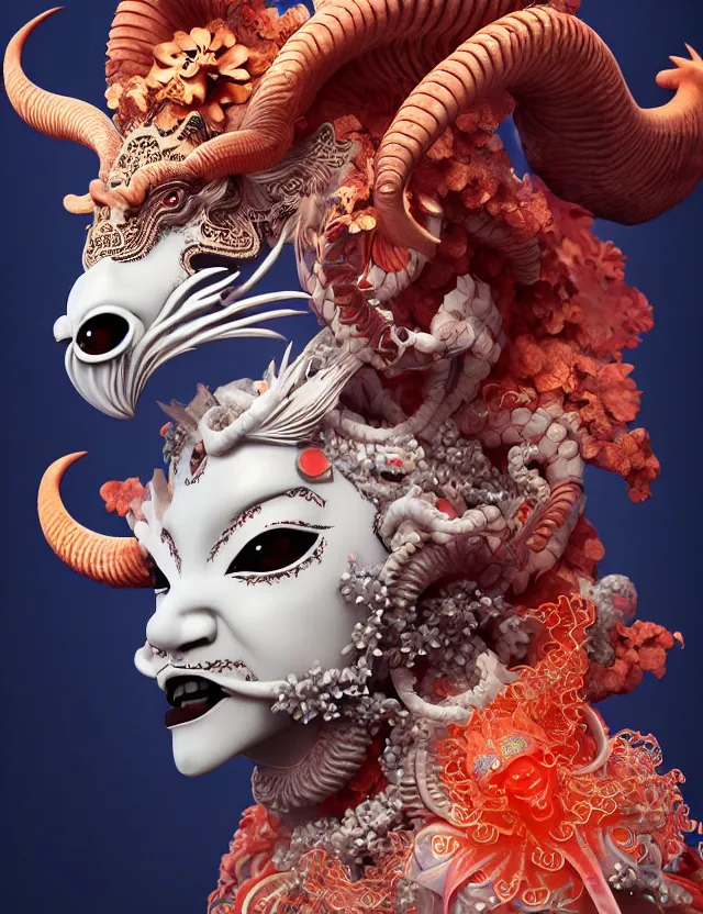 Image similar to 3 d goddess close - up profile portrait of satanic with ram skull. beautiful intricately detailed japanese crow kitsune mask and clasical japanese kimono. betta fish, jellyfish phoenix, bio luminescent, plasma, ice, water, wind, creature, artwork by tooth wu and wlop and beeple and greg rutkowski