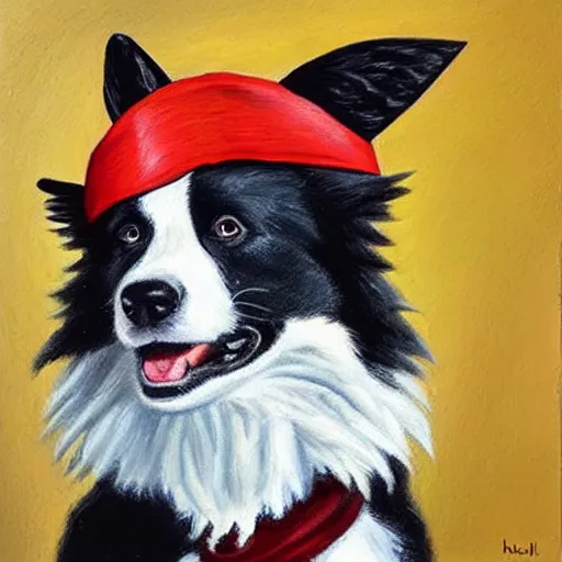 Prompt: a border collie in a pirate costume, oil painting