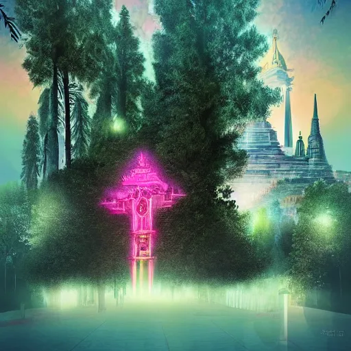 Image similar to mystical realistic poster with shaded lighting by arjun brooklyn radiant light, detailed and complex environment, solace, beautiful, utopic city in the sky with many buildings and temples reflecting an older ancient city on the ground with old growth pine trees, overlaid sacred geometry, with implied lines, gradient of hot pink and neon baby blue