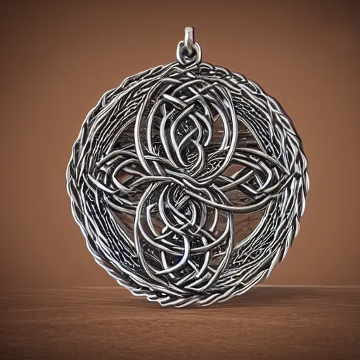 Prompt: Medusa goddess amulet, detailed intricate silverwork laid out on a dark oak table background, Celtic knot, spirals and weave, wood carving, trending on artstation, 8k digital render