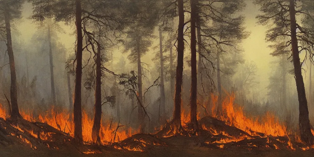 Image similar to smokey forest fire artwork by eugene von guerard