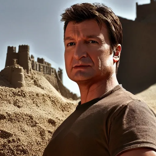 Image similar to nathan fillion as a sandcastle, beautiful composition, cinematic lighting