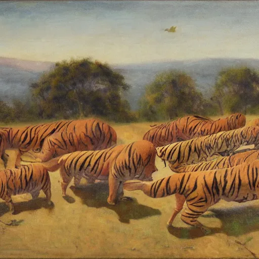 Prompt: walter molino landscape, 1 0 0 0 tigers chasing 1 0 0 piglets