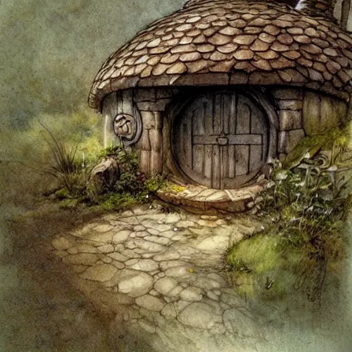 Prompt: hobbit house. muted colors. by Jean-Baptiste Monge style of Jean-Baptiste Monge painted by Jean-Baptiste Monge in art book of Jean-Baptiste Monge, art by Jean-Baptiste Monge, drawings by Jean-Baptiste Monge, paintings by Jean-Baptiste Monge