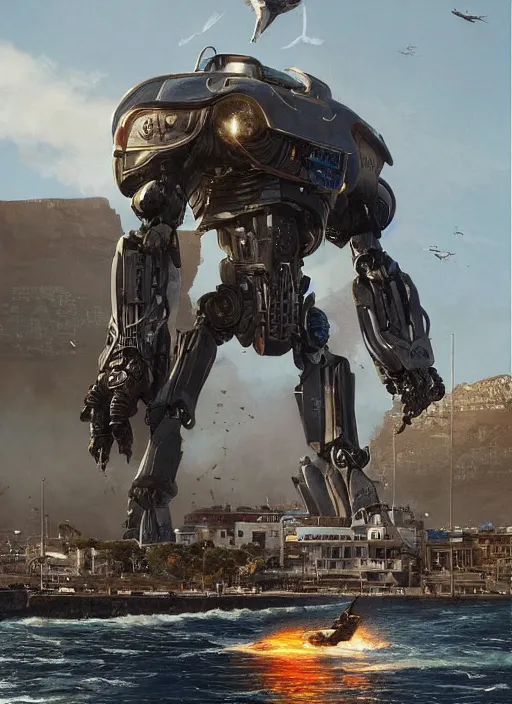 Image similar to hyper realistic robot attacking cape town city harbor beautiful details, strong composition, poster painted by greg rutkowski, james gurney and greg rutkowski weta studio, and lucasfilm and best of artstation