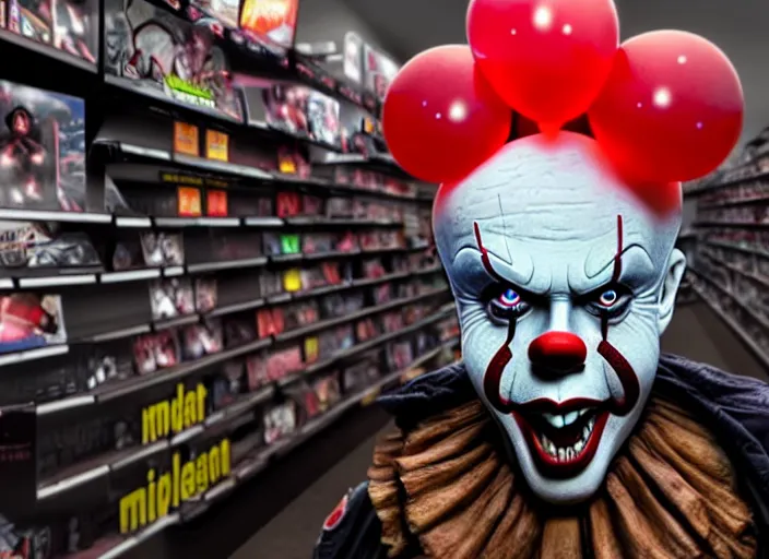 Image similar to giant pennywise seen shopping at gamestop, pennywise can be seen buying his game collection, amazing details, atmospheric, surrealism, 8 k, octane render, cold hue's, warm tone gradient background