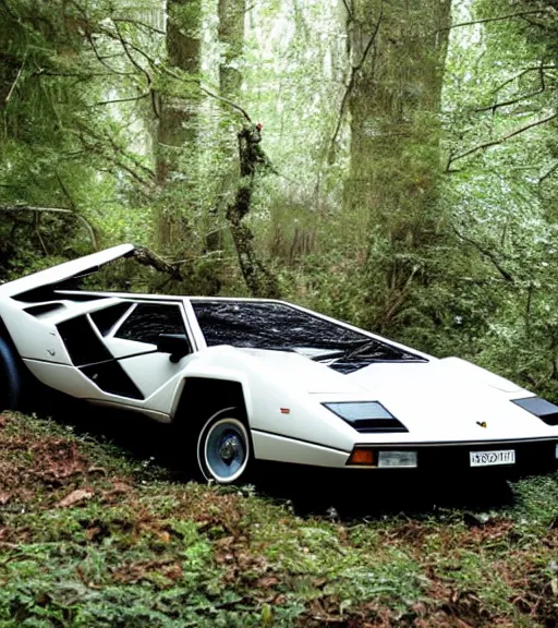 Image similar to 1988 Lamborghini Countach hanging from a tree by invisible force Abandoned in the Woods