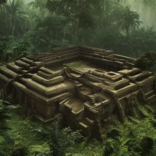Prompt: The Lost Temple: An ancient temple that has been lost in the jungle for centuries. It's said to be guarded by a vicious tribe of savages. octane render, 8k
