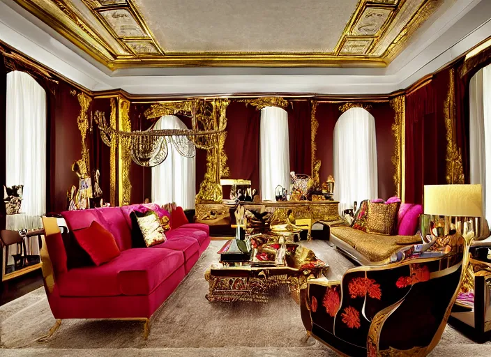 Image similar to luxury living room designed by jeff koons, interior design magazine photography