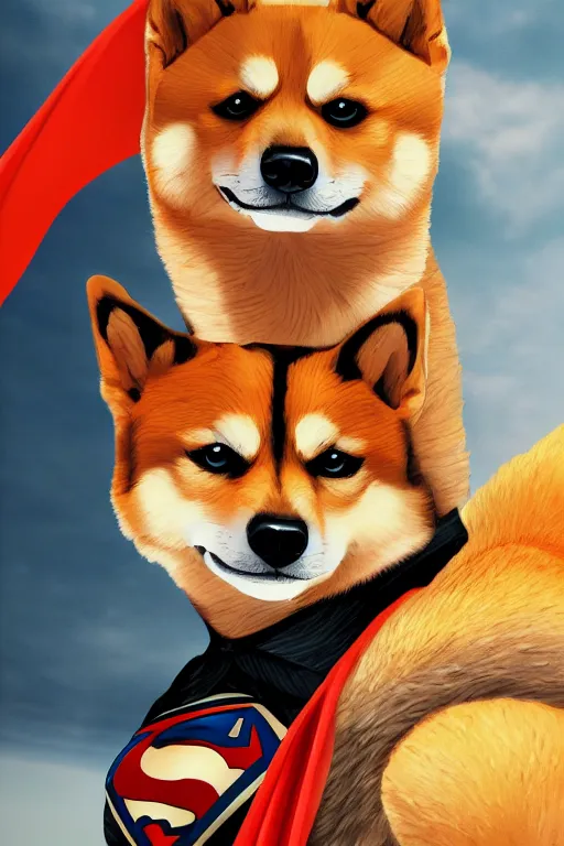 Image similar to a full-length portrait of a superhero with the face of a Shiba Inu, realistic illustration, 4k