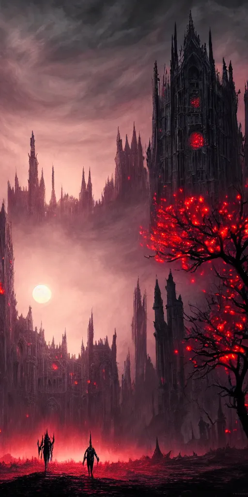 Prompt: populated bloodborne old valley with a dark person at the centre and a ruined gothic city in the background, trees and stars in the background, falling red petals, epic red - orange moonlight, perfect lightning, wallpaper illustration by niko delort and kentaro miura, 4 k, ultra realistic