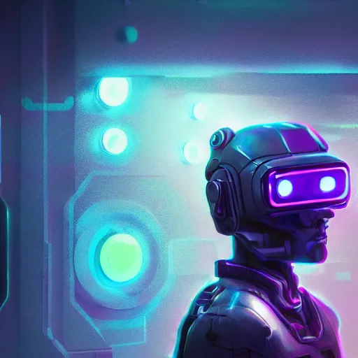 Image similar to cyberpunk concept cool cyborg bot, cinema 4 d, galaxy, cosmos, ufo, space sci - fi, wearing vr goggles, illustration, portrait, pastel neon textured background night, trending on artstation, greg rutkowski, octane rendered, 1 2 k, detailed,