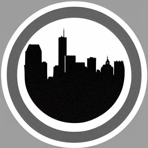 Prompt: a perfect circle, the outer edge of the circle is hugged by the silhouette of a city skyline, black and white, minimalist, in the style of a line drawing