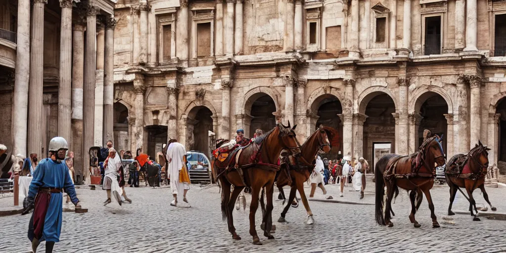 Prompt: low angle wide shot, street scene, ancient rome, mainly roman pedestrians, horses and roman soldiers, volumetric lighting, beautiful, day time, spring, sunny weather, sharp focus, highly detailed, photorealistic, 4 0 0 0 k, f 1. 4, cgsociety