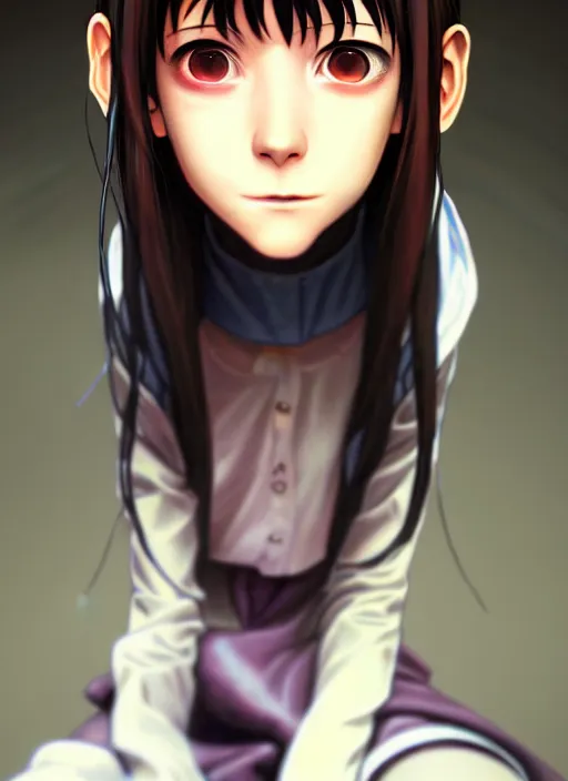 Image similar to a beautiful portrait painting of lain from serial experiments : lain. character design by shinji aramaki, charlie bowater, ross tran, artgerm, and makoto shinkai