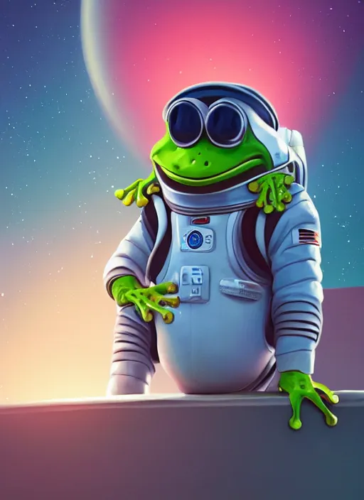 Image similar to a frog 🐸 as a astronaut standing top of the earth 🌎, au naturel, hyper detailed, digital art, trending in artstation, cinematic lighting, studio quality, smooth render, unreal engine 5 rendered, octane rendered, art style by kurzgesagt and nixeu and ian sprigger and wlop and krenz cushart