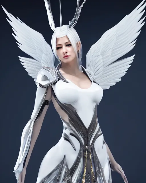 Image similar to perfect white haired attractive egyptian goddess with huge white dove wings, warframe armor, beautiful, symmetric, dreamy, half asian, pretty face, blue eyes, detailed, scifi platform, laboratory, experiment, 4 k, ultra realistic, epic lighting, android body, illuminated, cinematic, masterpiece, art by akihito tsukushi, voidstar