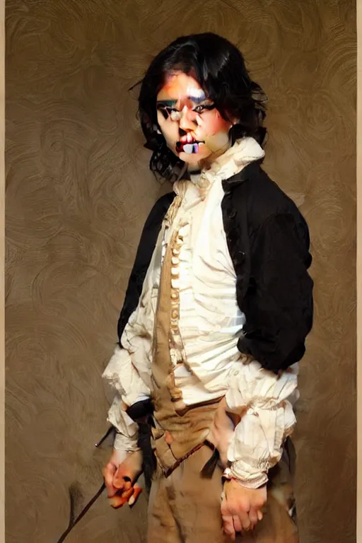 Prompt: museum painting, wide - shot, 1 3 years old spanish boy with shoulder - length!! black smooth hair, tied in tail, wearing clothes of 1 8 th century, sharp focus, highly detailed, digital art, oil painting, masterpiece, by artgerm, by greg rutkowski, by mucha, by kinkade