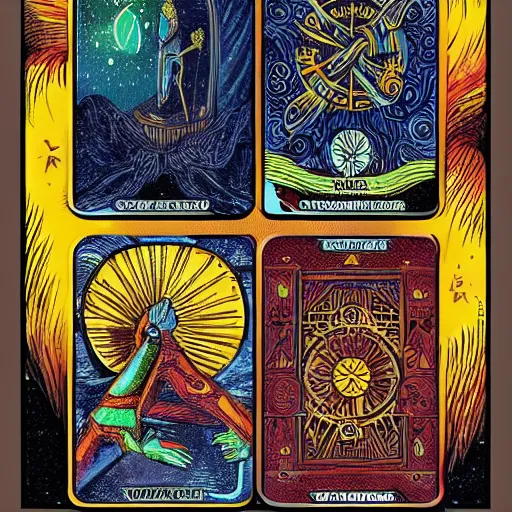 Image similar to tarot cards with symbols and sceneries by peter klasen, artstation, hd, ultra detailed
