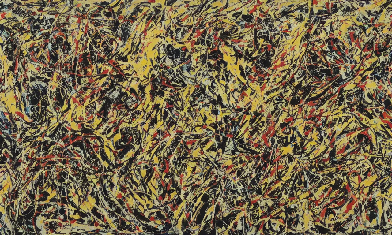 Prompt: jackson pollock painting of the assumption, acrylic on raw canvas